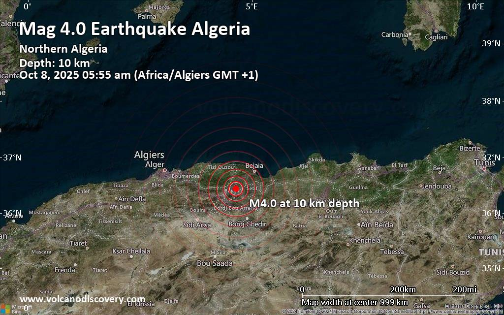 Mag. 3.6 earthquake - 8.8 km northeast of Chorfa, Wilaya de Bouira, Algeria, on Wednesday, Oct 8, 2025
