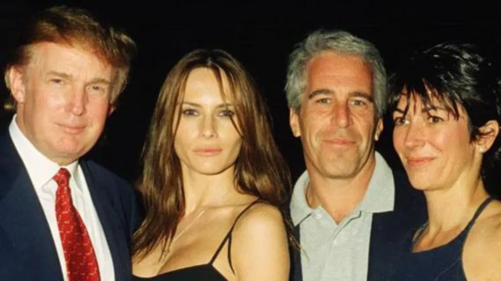 Donald Trump, his now wife Melania, Jeffrey Epstein and Ghislaine Maxwell pose for a photo in February 2000