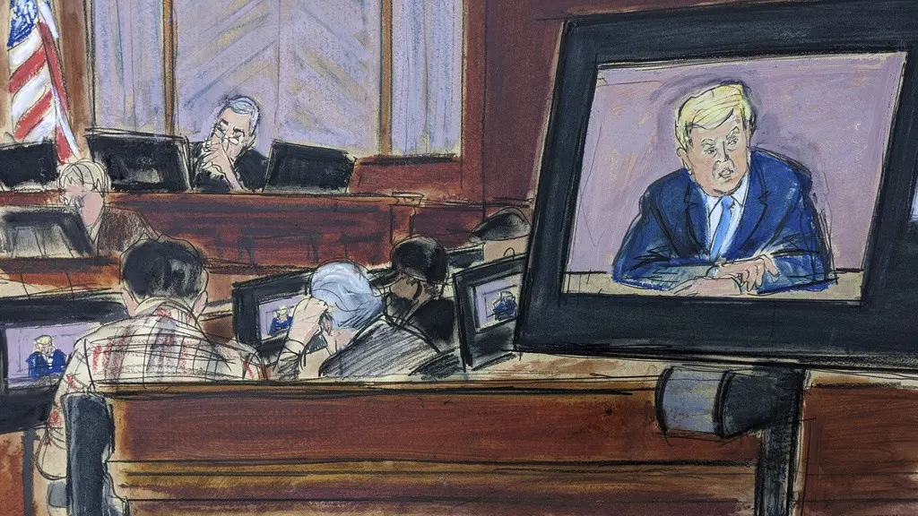 Donald Trump en 2023, a été jugé responsable par le jury d’un tribunal civil de New York de l’«agression sexuelle» en 1996 de l’ancienne journaliste E. Jean Carroll. Dessin pendant le procès à New York. KEYSTONE